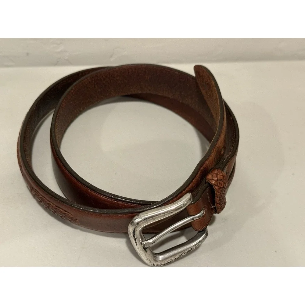 Vintage Men Brown Leather Belt 40 Braided Accent Western Dress Silver Buckle